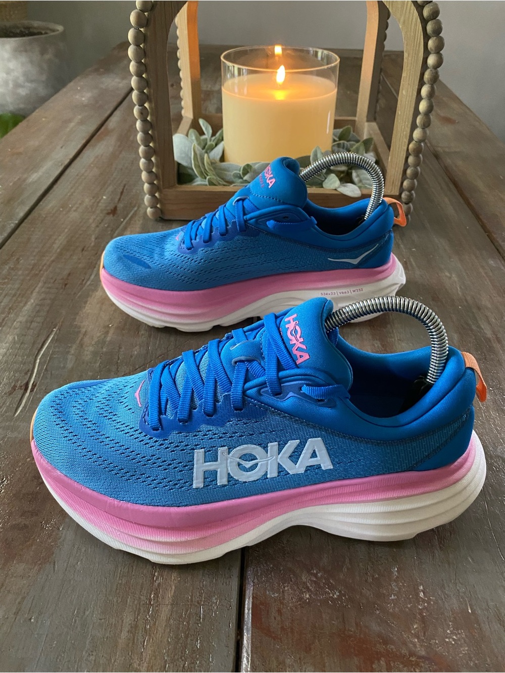 HOKA Bondi 8 Athletic Running Walking Sneakers Shoes Womens 7.5B Blue Pink